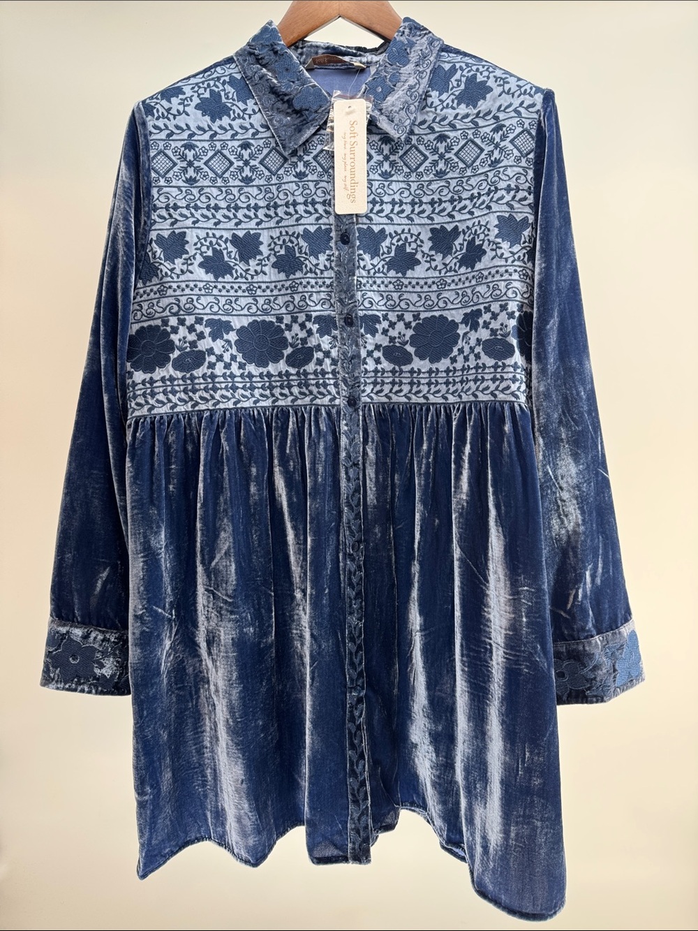 Soft Surroundings Blue Velvet Floral Yoke Tunic Dress